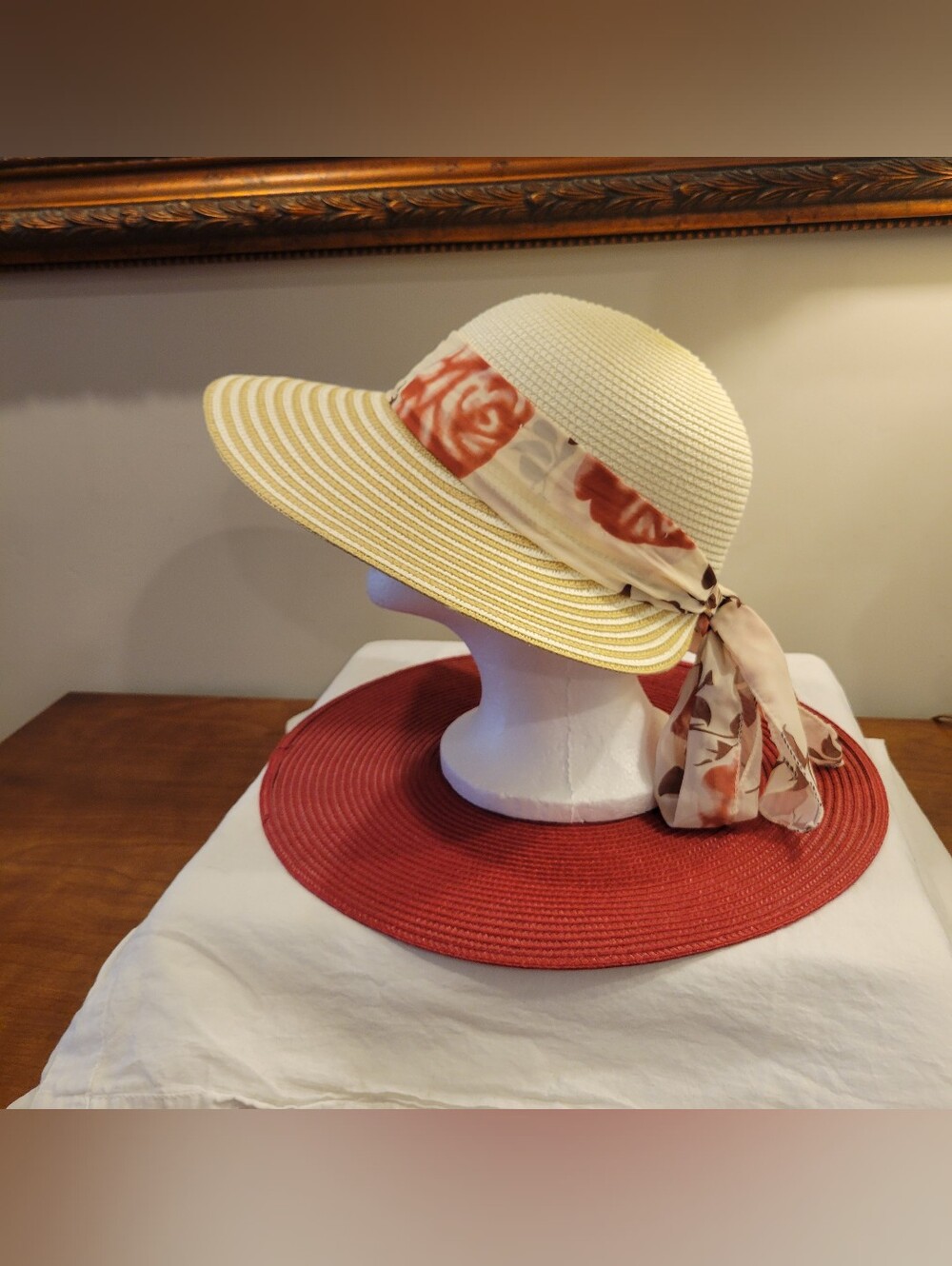 👒EUC~ Straw Sun Hat with Floral Scarf Band